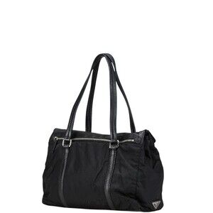 Prada triangular leather black bag logo nylon shoulder plate tote